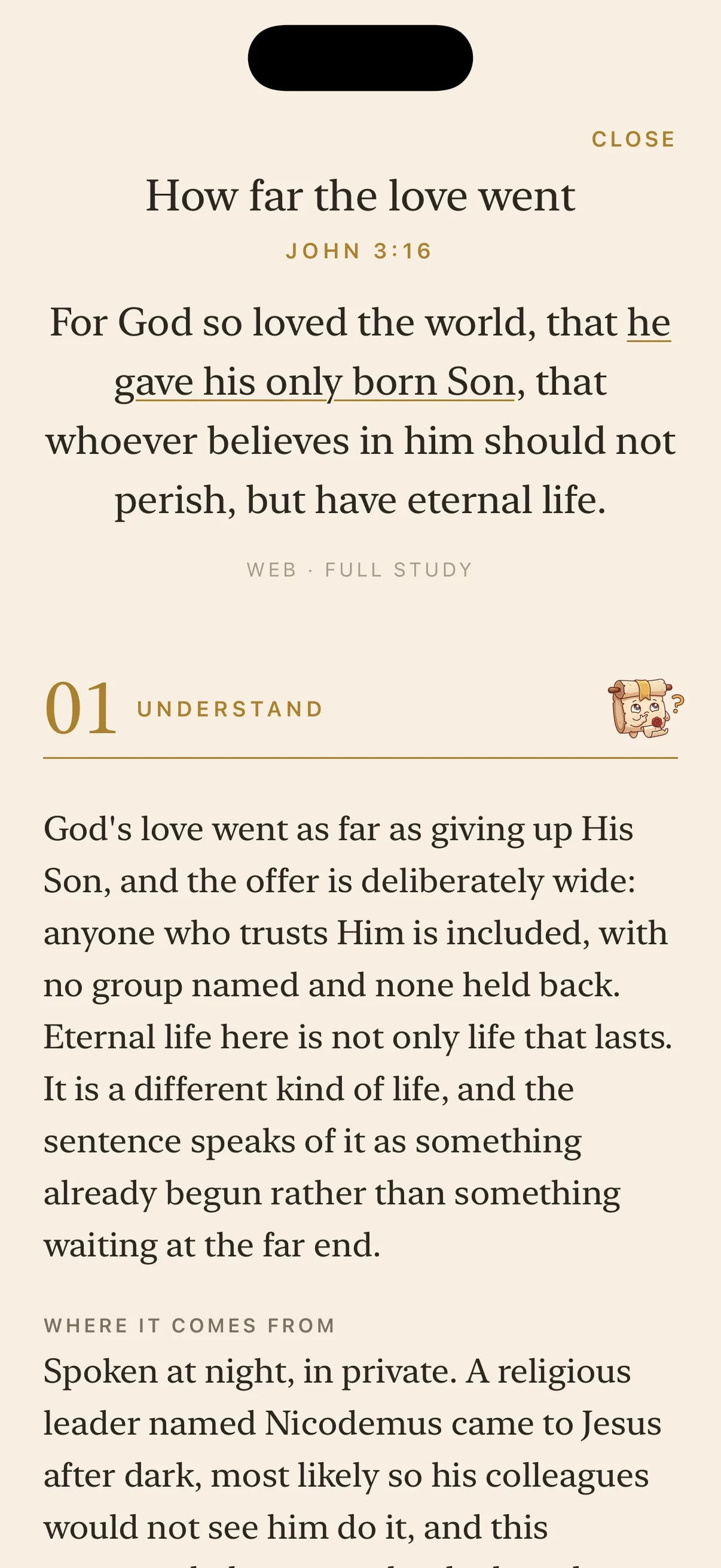 The full study page for John 3:16, headed How far the love went, with the verse and a numbered section called Understand, followed by Where it comes from.