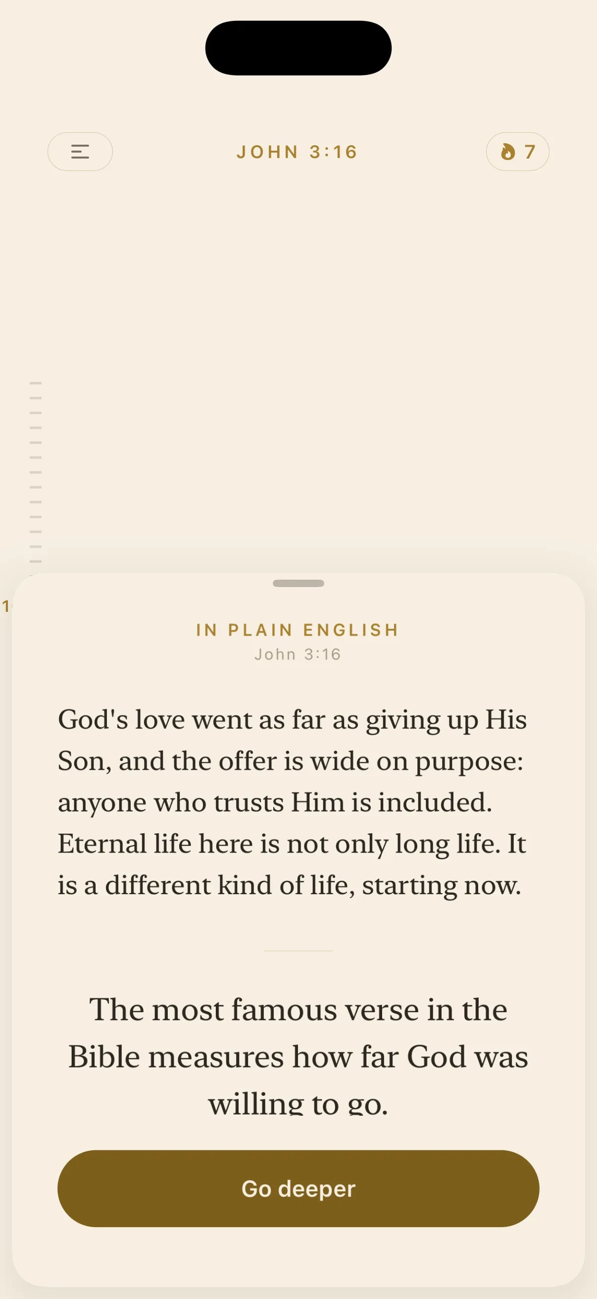 A sheet over John 3:16 titled In Plain English: God's love went as far as giving up His Son, and the offer is wide on purpose. Below it, a one-line takeaway and a Go deeper button.